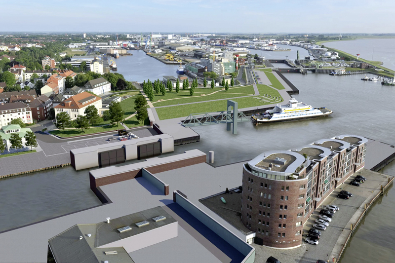 Im Kampf gegen den erhöhten Meeresspiegel werden zahlreiche Küstenschutzeinrichtungen ertüchtigt: zum Beispiel das Geestesperrwerk in Bremerhaven, das hier in einem Rendering zu sehen ist.