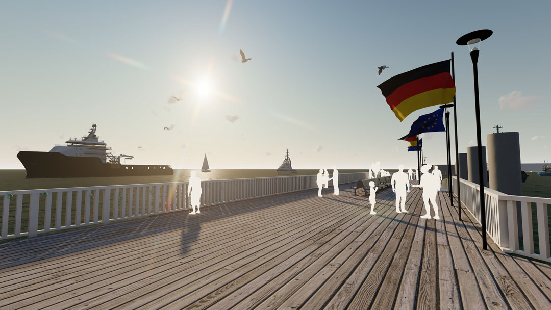 Logistics Pilot_Visualisierung des neuen Anlegers Alte Liebe Cuxhaven Visualisierung des Neubaus mit Menschen als weiße Umrisse, Möwen, Schiffen und Sonne im Hintergrund.