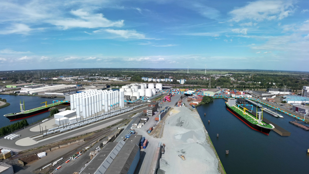 Luftaufnahme eines Temrinals mit einem Rendering einer Anlage im Vordergrund. Draauf sind zahlreiche weißer Silos und Türme.
